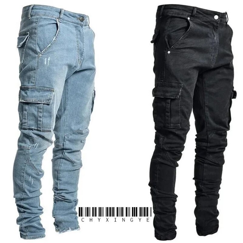 Street Elastic Jeans Heren Denim Cargo Broek Wassen Effen Kleur Multi Zakken Casual Mid Taille Broek Slim Fit Dagelijkse Joggingbroek