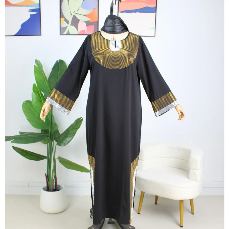 Vestido africano para mujer, vestido largo suave y brillante con bufanda