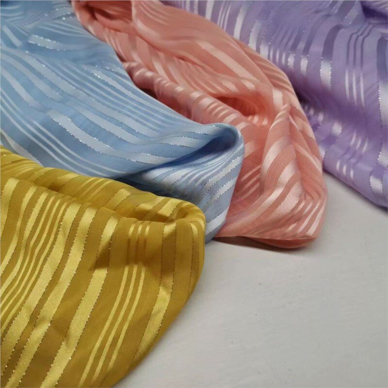 Gaun jahit buatan tangan Diy kain sifon sutra perak garis-garis cantik warna polos