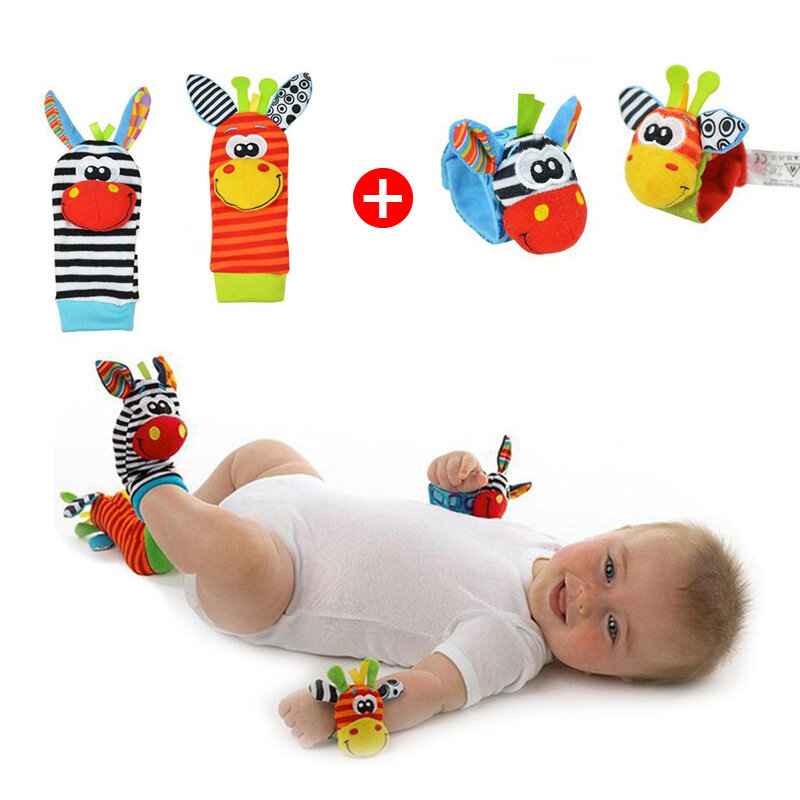Brinquedos chocalho dos desenhos animados do bebê, brinquedos macios do luxuoso, conjunto chocalho do pulso do pé, desenvolvimento recém-nascido, brinquedos educativos para crianças, 0-24 meses