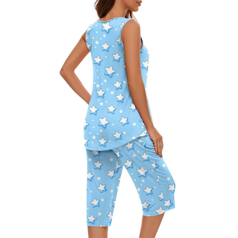 Conjuntos de pijamas sem mangas macios femininos, regatas, calça Capri com bolso, loungewear, pijamas, camisola doce, camisola, verão
