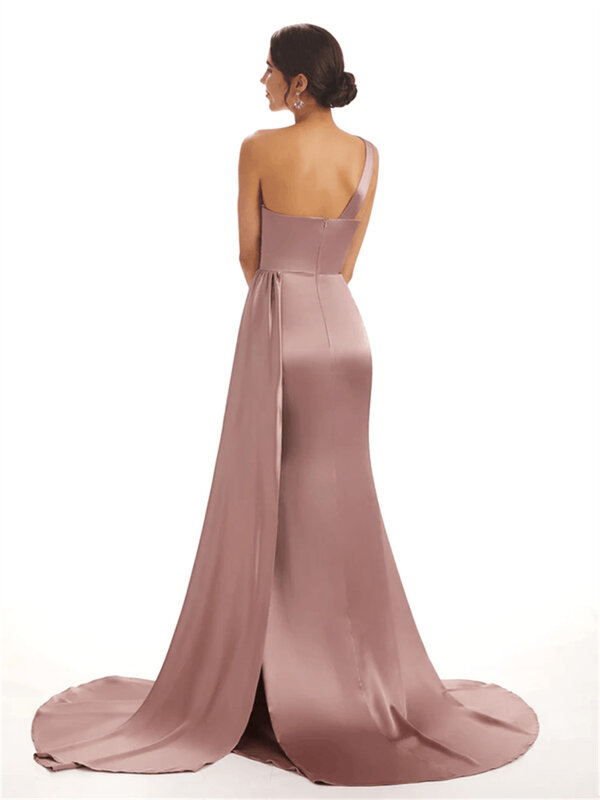 2024 damska satynowa suknie dla druhen o kroju syreny na jedno ramię bez pleców plisowana bez rękawów z długim marszczonym formalne suknie balowe