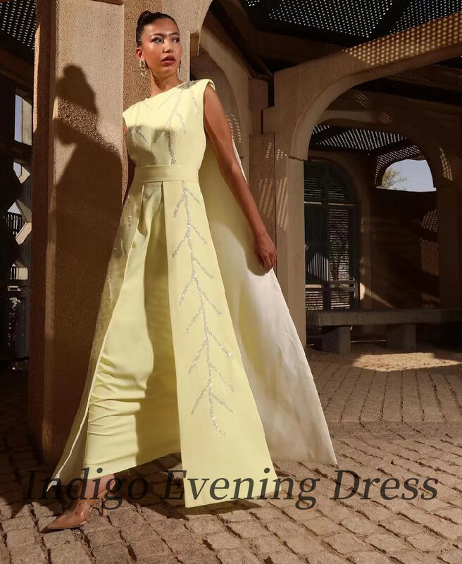 Indigo Light Yellow Satin Evening Dress O Neck Sleeveless Beads Floor-Length Prom Dresses 2024 A Line Saudi Arabicشارون سعيد