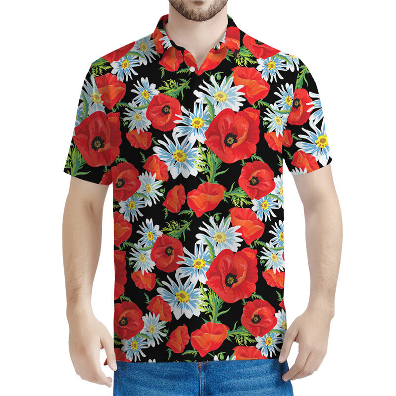 Polo con estampado de flores rojas Retro Para hombre y mujer, Camiseta con estampado Floral 3d, Tops holgados de verano, camisetas informales de manga corta con botones