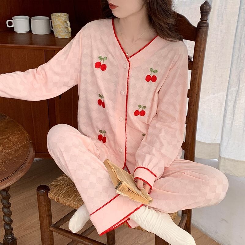 Cherry feminino Pijama bordado, terno loungewear, calça manga comprida, pijamas de algodão, moda doce, roupa caseira, primavera, outono