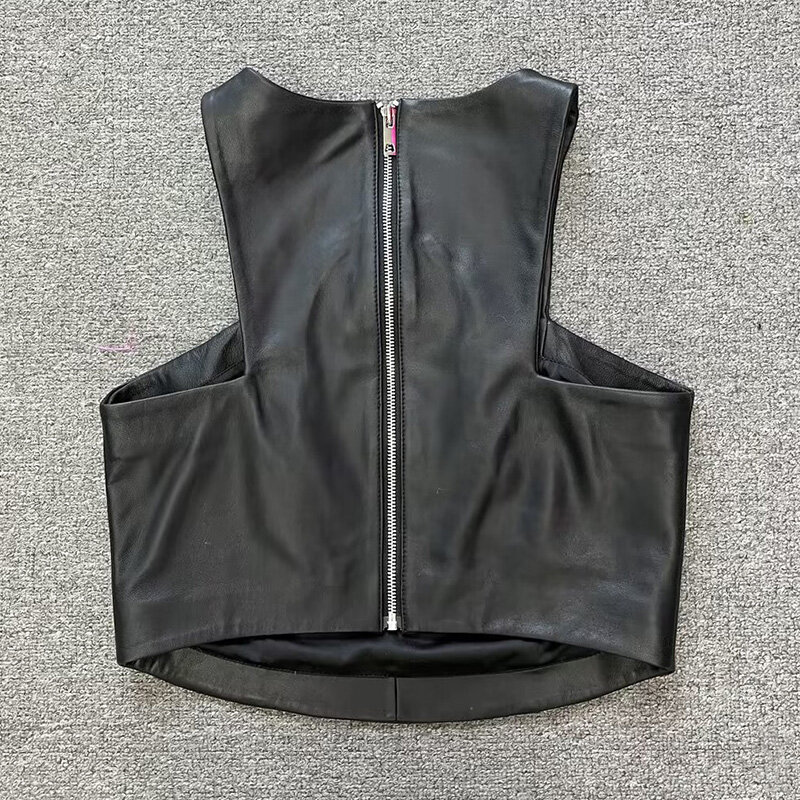 Dames Dames Casual Korte Vest Met Rits Chic Mode O-hals Echt Lederen Vest Vintage Dames Mouwloze Tank Tops Vest