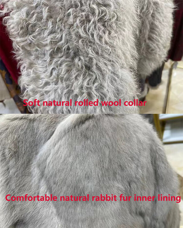 Jaqueta de couro de gola de pele de carneiro feminina, forro natural de pele de coelho, inverno