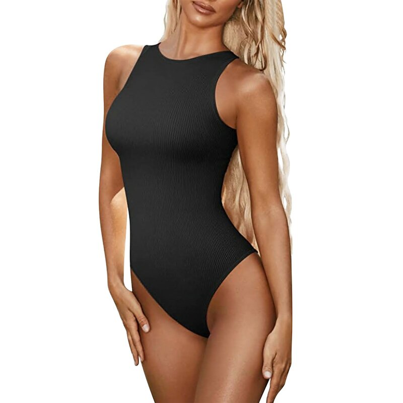 Bodysuits For Women Sleeveless Solid Color Ribbed Knitted Women's Sports Overalls One Pieces Playsuits Shapewear Tummy Control