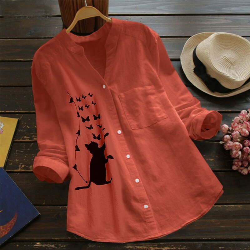 Blusa de lino y algodón con estampado de gato para mujer, camisa informal de manga larga con cuello en V y botones, novedad de verano