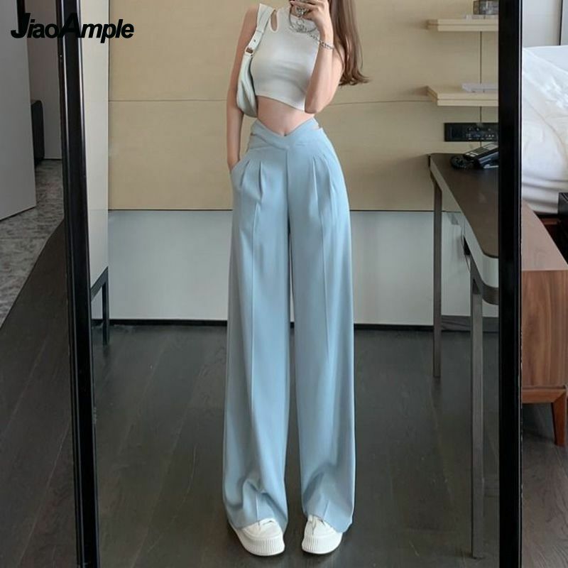 2022 Spring Summer Long Wide Let Pants Women Korean High Waist Hollow Out Solid Trousers Office Lady Graceful Loose Black Pant