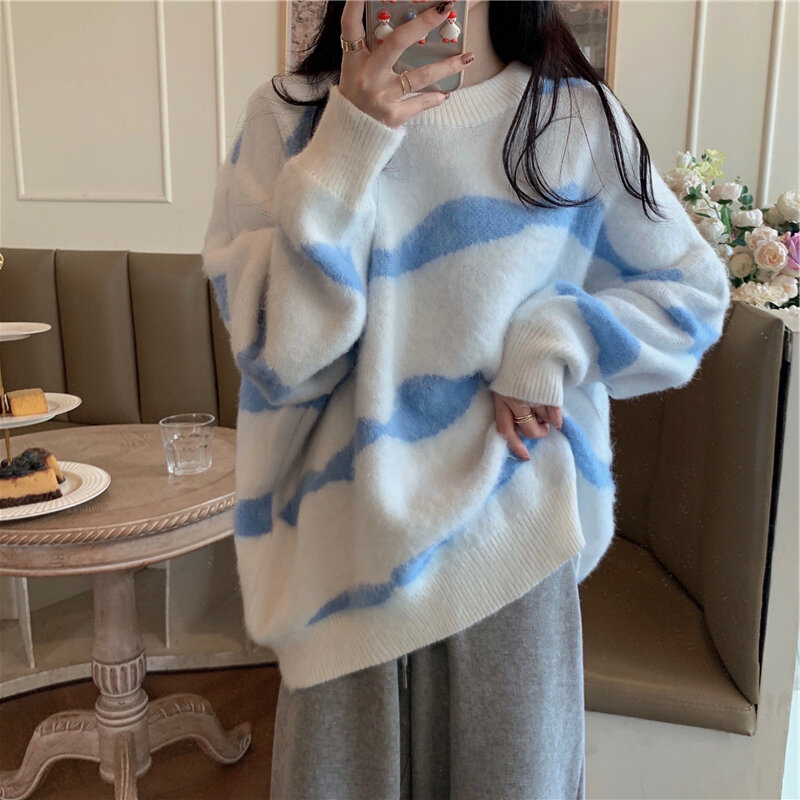Contrast Color Sweaters Women Winter Sweet Warm Girlish Korean Style Tender Chic Daily Blocking Pullovers Versatile Temperament