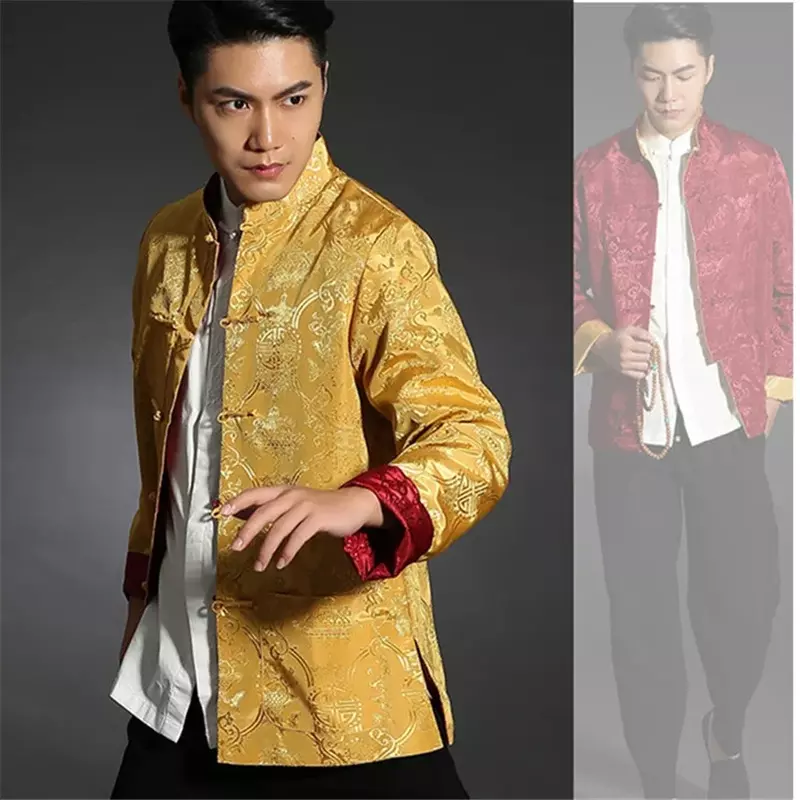 Tang terno chinês camisa estilo jaqueta gola roupas tradicionais chinesas para homens de seda kungfu cheongsam topo hanfu masculino ambos os lados