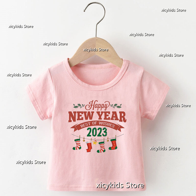 Happy New Year 2023 Boys/Girls Tshirt Merry Christmas Decorated Deer Graphics Printed Children Tshirt Girls Christmas Clothes