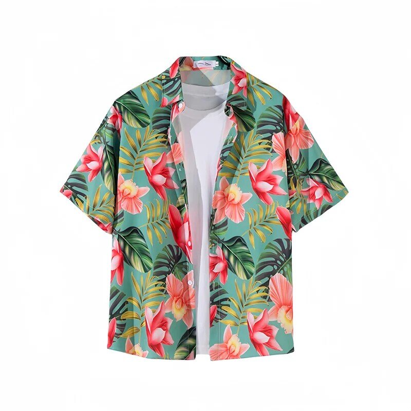 Kemeja motif bunga lengan pendek tepi pantai pria, kemeja Vintage liburan pantai Hawaii serbaguna kasual longgar lengan pendek musim panas untuk pria