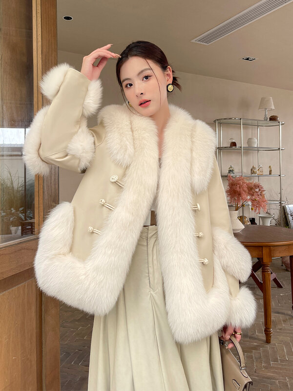 Fashion Fox Fur Stitching Sheep Skin Coat Female 2023 Fall Winter Retro Style V-neck Long Sleeve Leather Furry Jacket Women