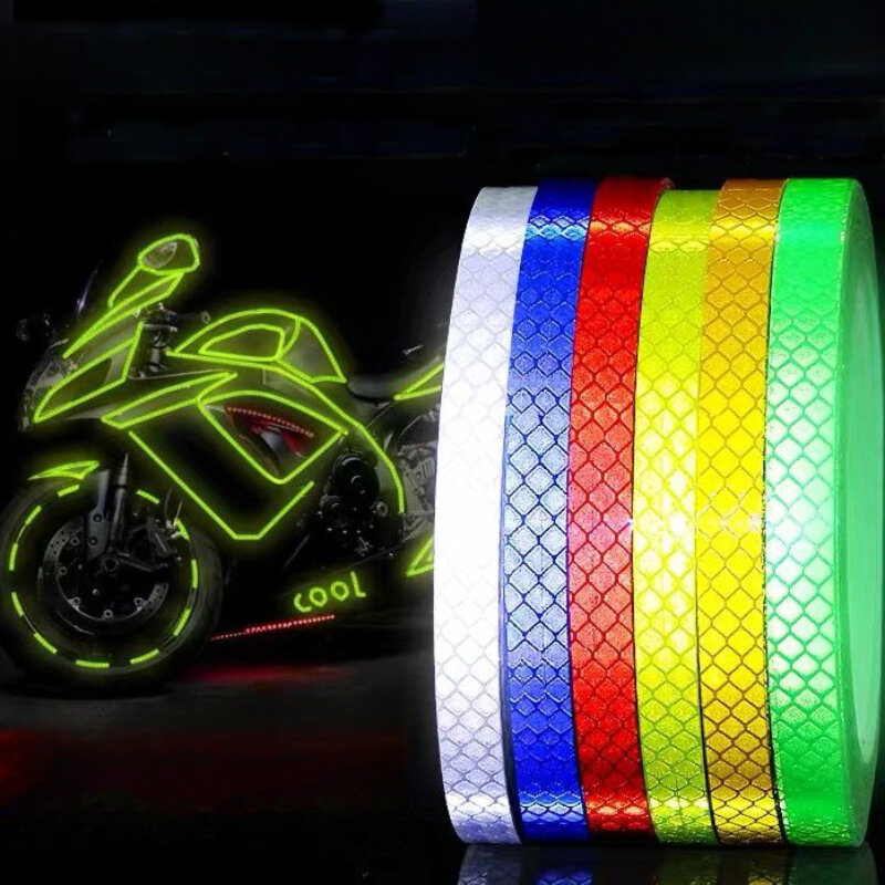 Stiker reflektif roda sepeda, pita perekat Strip reflektif neon bersepeda untuk peringatan keselamatan sepeda MTB 1cm * 8m