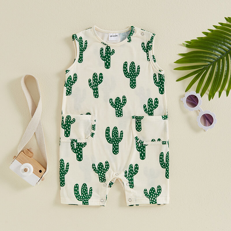 2024-04-30 Lioraitiin Baby Girl Boy Sleeveless Romper Casual Cactus Print Round Neck Tank Top Jumpsuit with Pocket Overalls