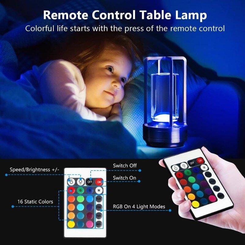 Lampu meja logam portabel 16 warna, lampu meja dekorasi ruangan kecerahan tanpa langkah, lampu isi ulang kontrol sentuh (hitam)