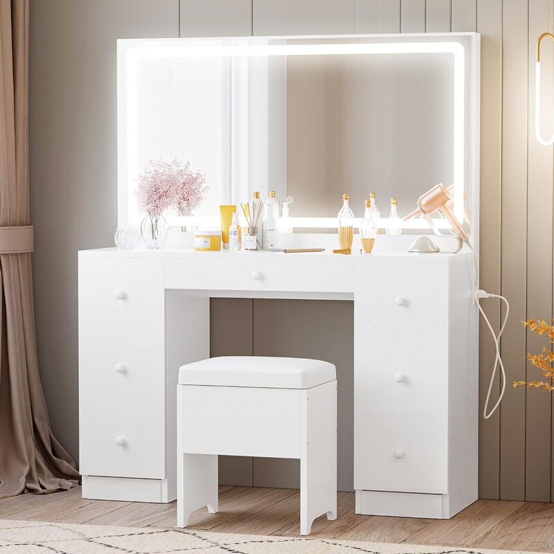 Set meja rias dengan cermin berlampu LED & Outlet daya, 7 laci meja rias Vanity dengan bangku, untuk kamar tidur, putih