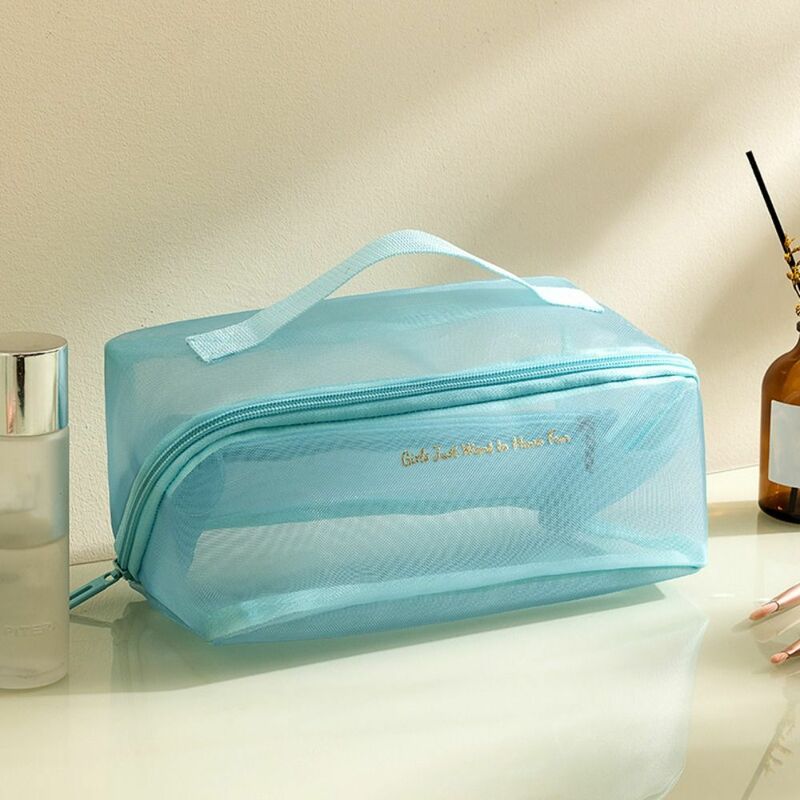 Letter Clear Mesh Makeup Bag Portable Zipper Hollow Mesh Travel Wash Bag Item Bag Storage Bag Transparent Cosmetic Bag Girls