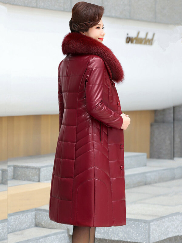 M-7XL 여성 긴 가죽 코트 겨울 패션 어머니 패딩 아우터 두꺼운 따뜻한 모피 칼라 낙타 양털 충전 오버코트 여성