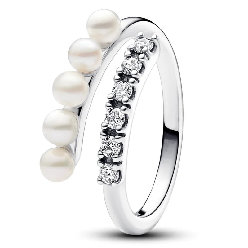 Authentic 925 Sterling Silver Row Eternity Treated Pearl & Pave Double Open Ring With Crystal For Women Gift Fashion Jewelry