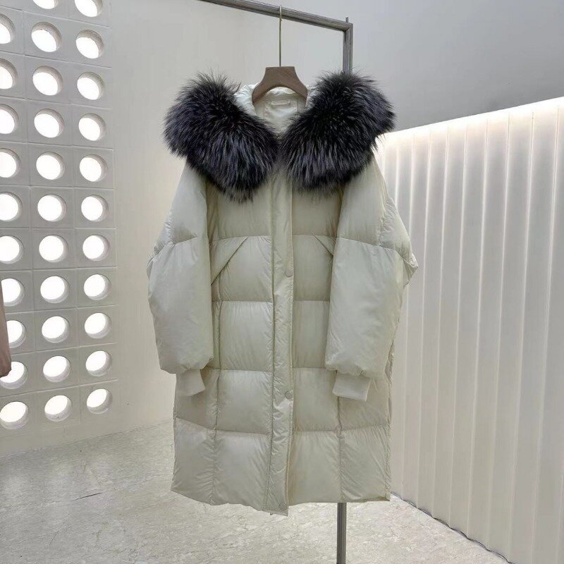 Jaket panjang ke bawah untuk wanita, jaket panjang kerah bulu rubah modis hangat tebal musim dingin untuk wanita