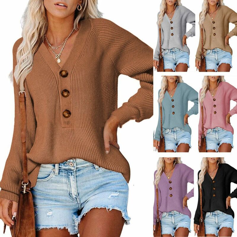 Autumn and Winter 2023 Women's New Sweater Fashion Casual Knitted V-Neck Sweater Women Female Long Sleeve Button Tops Lady