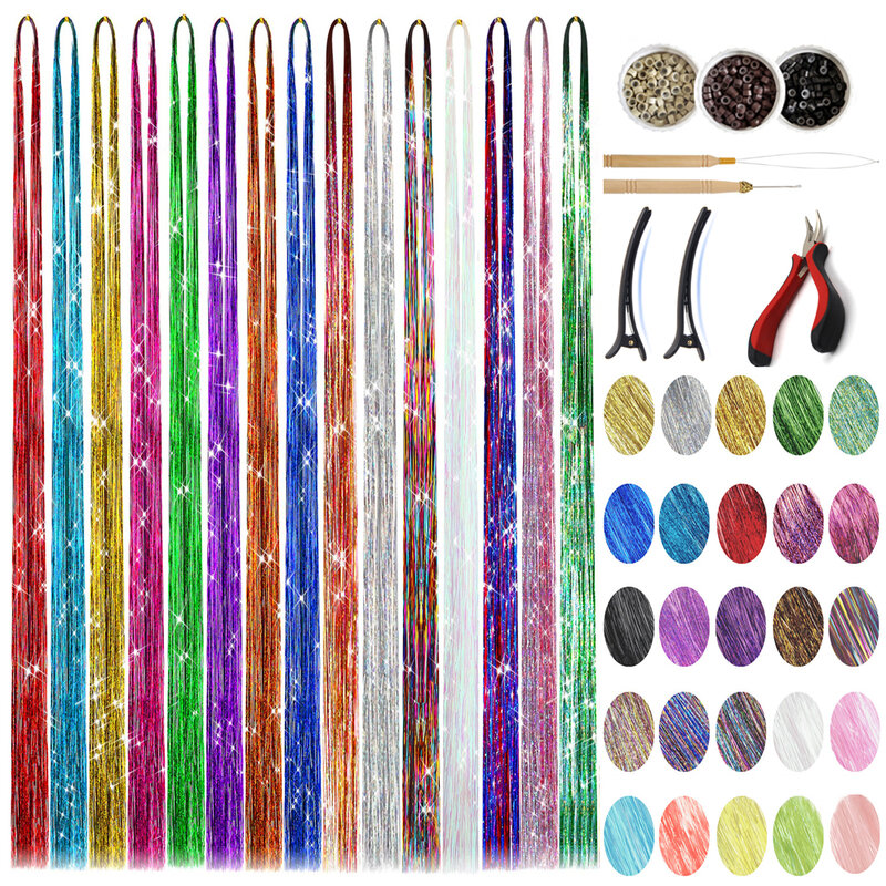 Hair Tinsel Kit (36 pollici, 12 colori/12 colori con strumenti) Sparkle Hair Tinsel con strumenti colori multicolori 36 pollici Glitter Fairy
