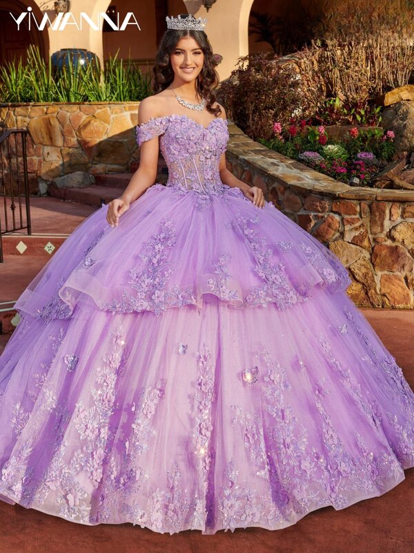 Gaun Prom Off The Shoulder Quinceanrra leher Sweetheart ungu Glitter Panjang 3D bunga manis 16 gaun Vestidos