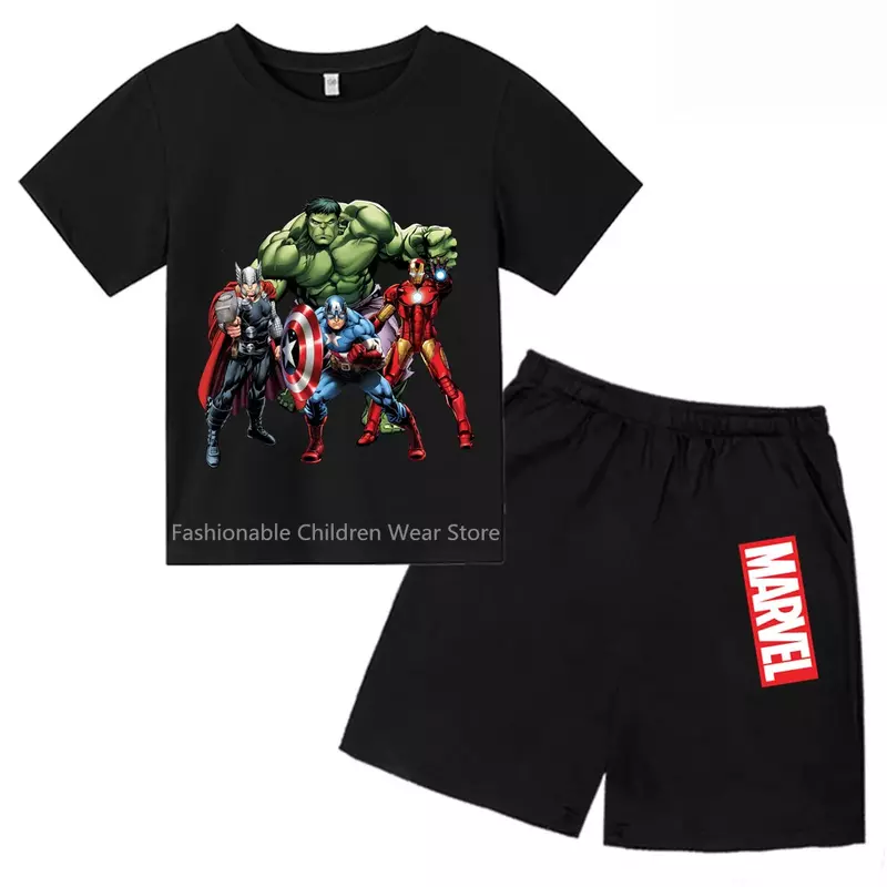 Camiseta e shorts dos desenhos animados da Marvel Avengers para crianças, elegante e legal para meninos e meninas, lazer ao ar livre, verão