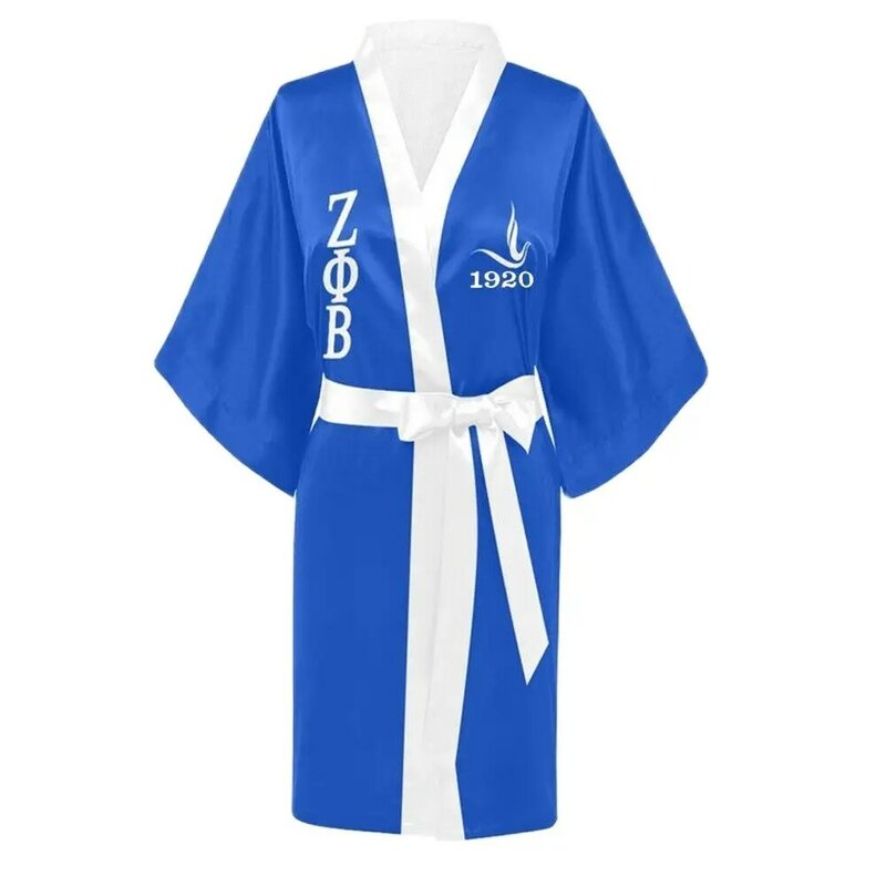 فستان نوم نسائي من الحرير بأحرف يونانية ، زي نسائي ، أبيض وأزرق ، من Zeta PHI Beta ، أكمام متوسطة الطول