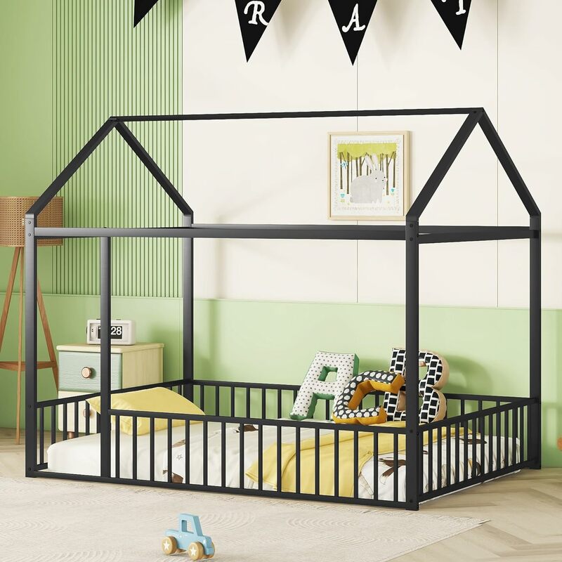 Łóżko podłogowe Montessori, metalowa rama łóżka domowego, łóżko podłogowe dla dzieci, łóżko podłogowe Montessori z płotem, domek do zabawy dla dzieci