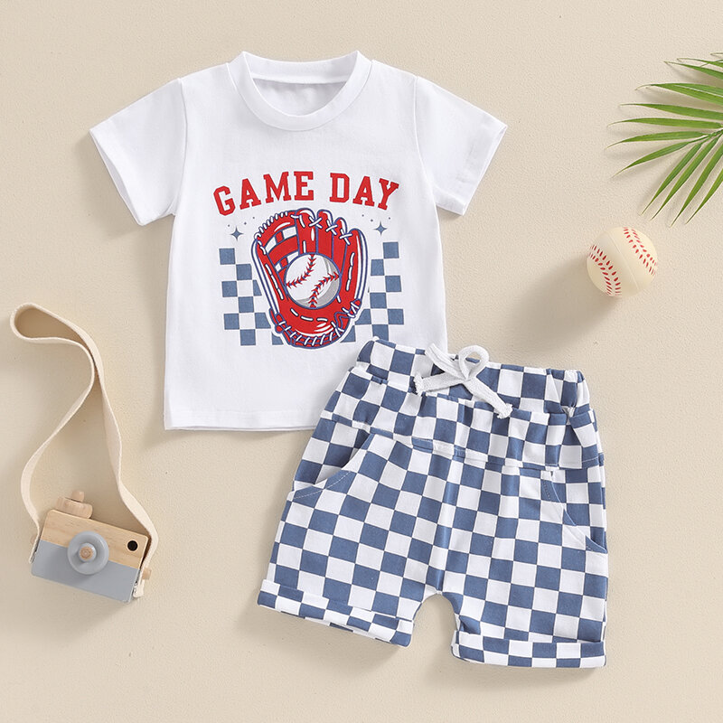 Kleinkind Baby Boy Sommer Outfit Baseball Print Rundhals ausschnitt Kurzarm Tops Schachbrett Shorts Set