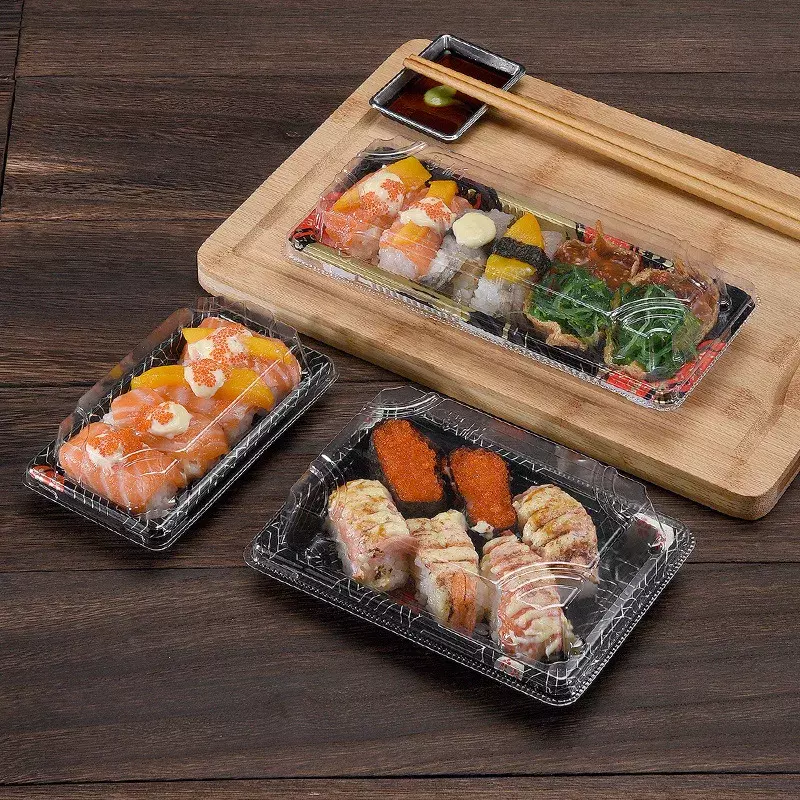Customized productEco friendly rectangle restaurant microwave pp disposable printing plastic Japanese takeaway blister sushi tra