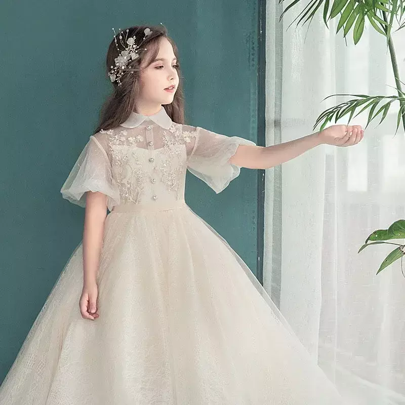 子供のふわふわのガーゼのプリンセスドレス、花の女の子の結婚式のドレス、小さな女の子の誕生日のドレス、ピアノのパフォーマンスドレス、ホストのイブニングドレス