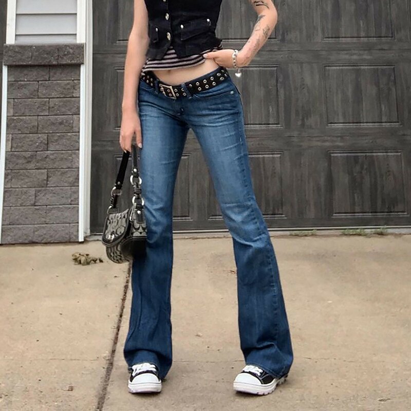 Celana Jeans rumbai wanita, celana jins antik Harajuku mengangkat pantat elastis Slim Fit dengan saku 2024