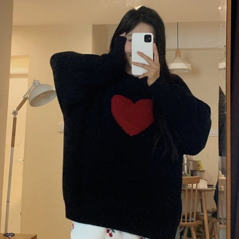 Zimowy nowy słodki wzór serca sweter w stylu Retro Harajuku z długim rękawem sweter luźny, dzianinowy swobodny sweter koreańska odzież