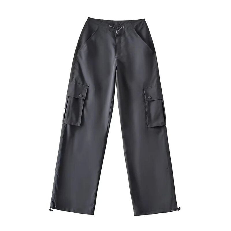 Pantalones Cargo de cintura alta para mujer, pantalón holgado de pierna ancha, con cordón, color negro