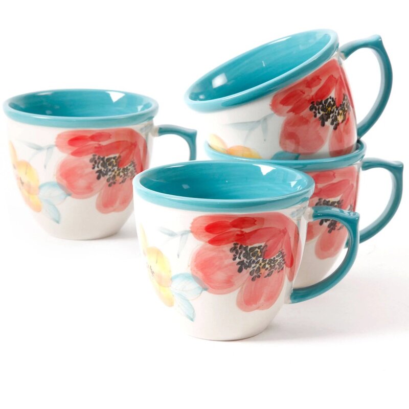 Vintage Bloom Türkis Keramik 4-teiliges 16-Unzen-Kaffeetassen-Set