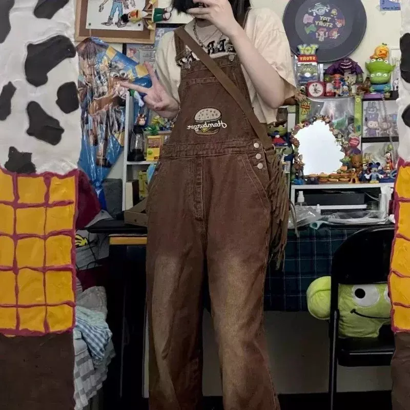 Braune bestickte Hosenträger weibliche Outdoor-Künstlerin skizzieren Cargo hose Frühling Sommer lose gerade Jeans einteilige Hose
