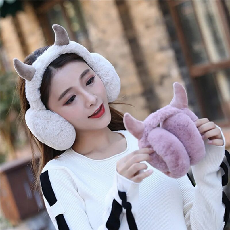 New in Winter Ear Muffs Women Soft Plush Thicken Outdoor Warmer Ear Protection Fashion Cute Little Devil Horn Foldable Earflaps