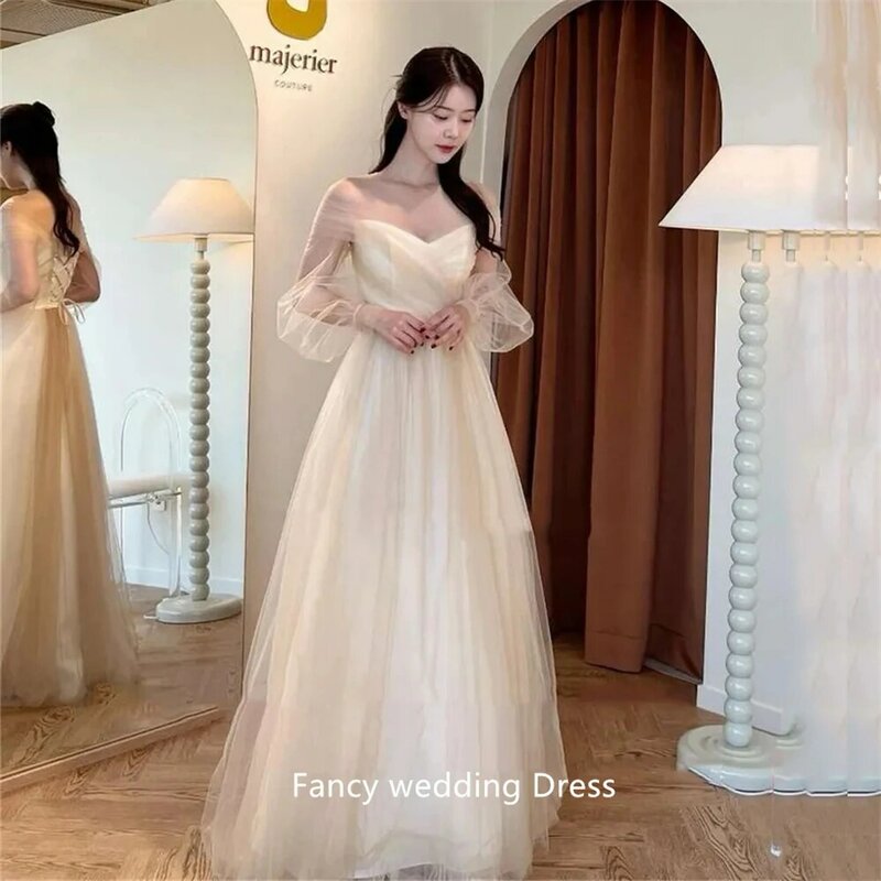 V pescoço longo sopro manga vestidos de casamento, princesa Photo Shoot, fora do ombro champanhe espartilho volta vestido de noiva personalizado, extravagante Coréia