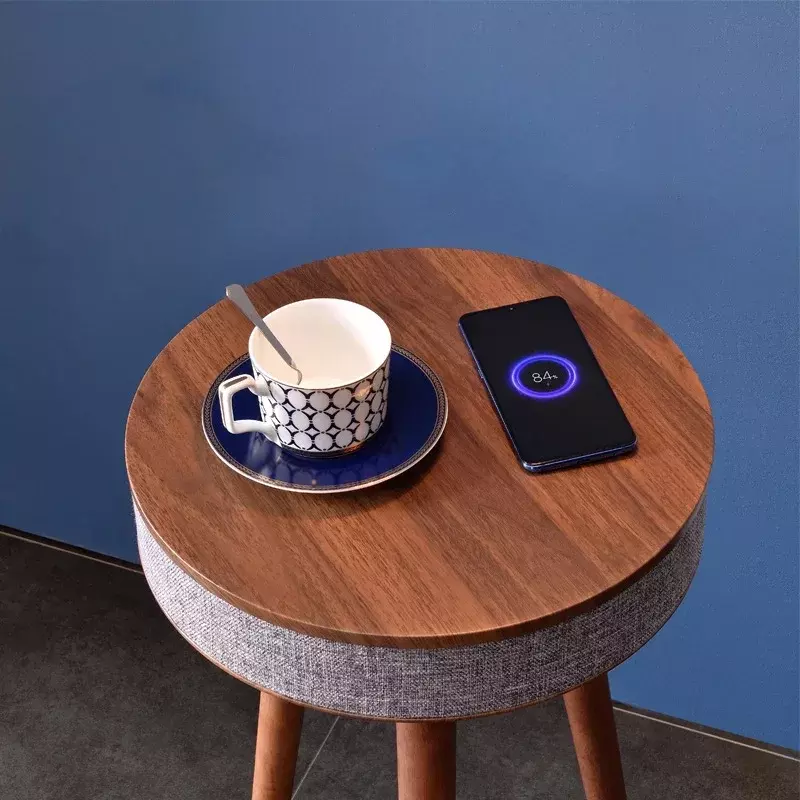 Mesa de café redonda inteligente com alto-falante Bluetooth HiFi, Carregamento sem fio, Sala de estar mesa lateral com áudio estéreo, Mini mesa de chá