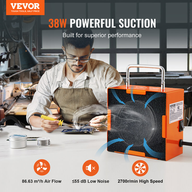 VEVOR Fume Extractor 38W Desktop Portable Solder Smoke Extractor Strong Suction Smoke Absorber Remover for Repair Welding Tool