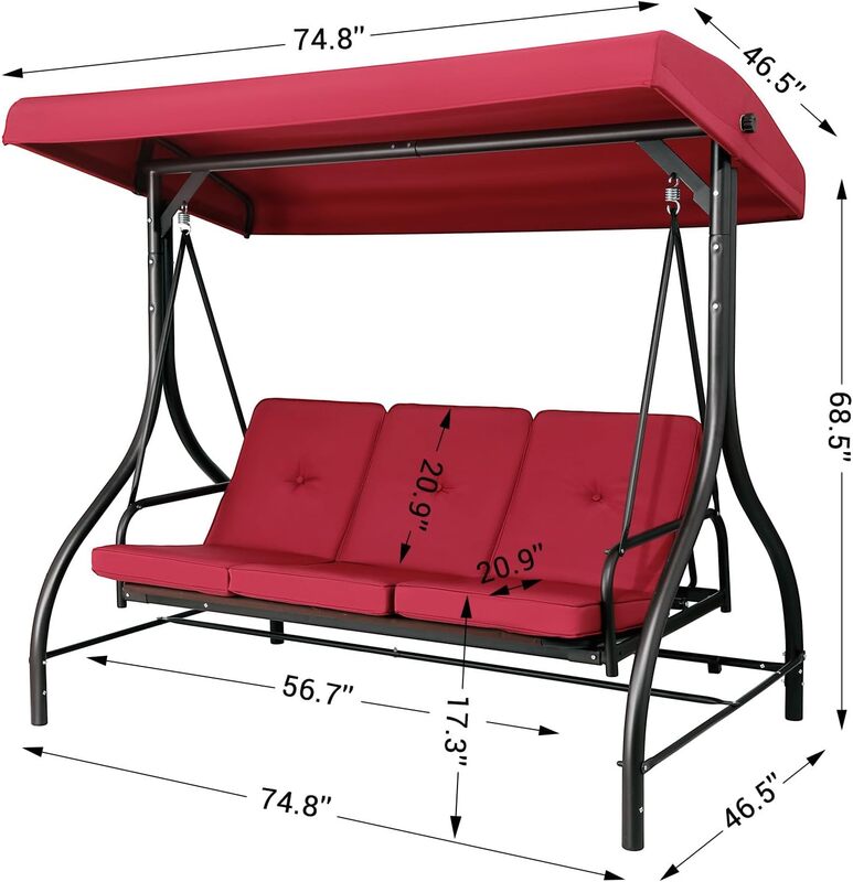Outdoor 3-Seat Pátio Swing Sets, Balanços da varanda, Encosto Bench Swing Sets, Glider Swing Bed Chair, ajustável Canopy