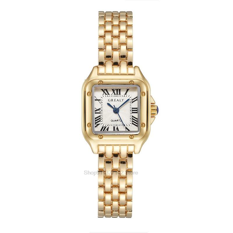 Relógios quadrados de luxo para mulheres, pulseira de liga dourada, relógios de pulso quartzo feminino, qualidade feminina Roman scale clock, moda, 2024