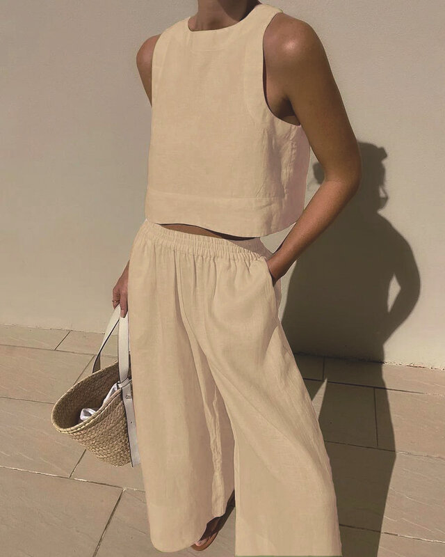 Korean Vacation Casual Sleeveless Crop Tops Long Slim Fit Summer Wide Leg Pant Aesthetic Solid Office Oversized Casual Suits