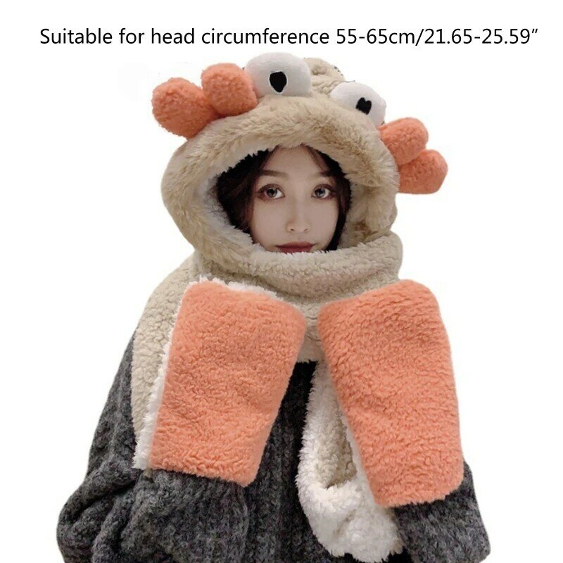Women Winter Warm 3 In 1 Fuzzy Plush Hooded Scarf Hat Gloves Set Cartoon Big Eyes Ears Windproof Earflap Mittens