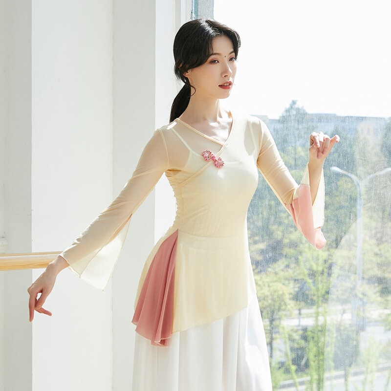 Camisa de baile clásica de gasa con contraste lateral, Blusa de manga larga con cuello en V para práctica de danza folclórica China